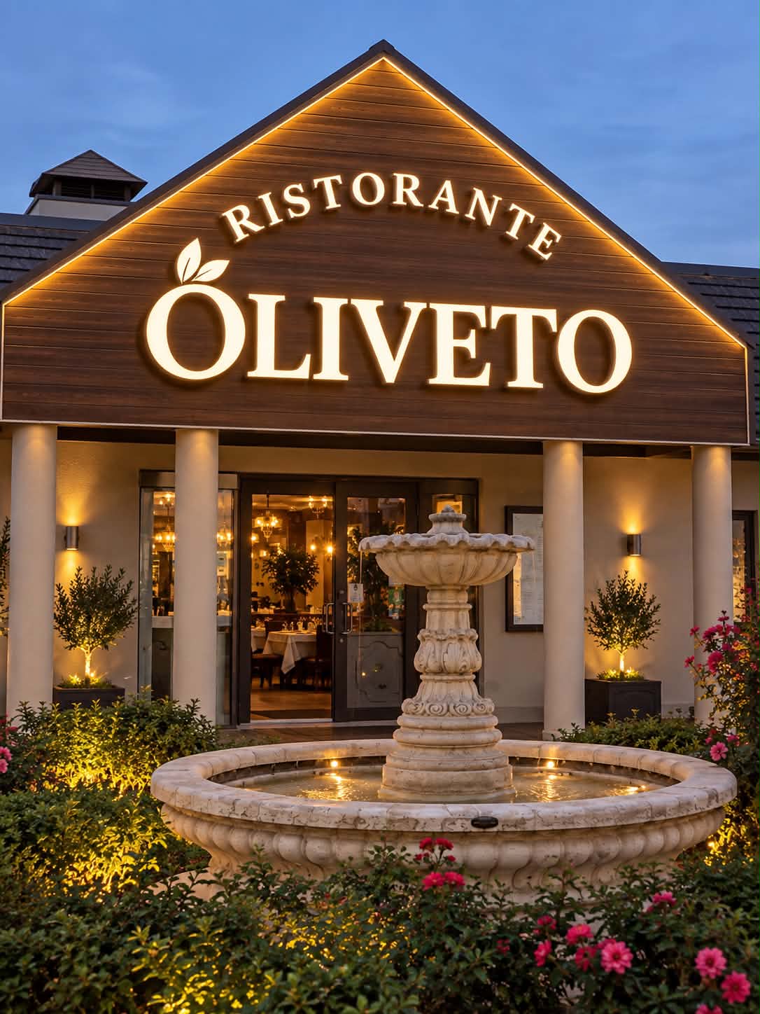 Façade et fontaine du Ristorante Oliveto à Rambouillet
